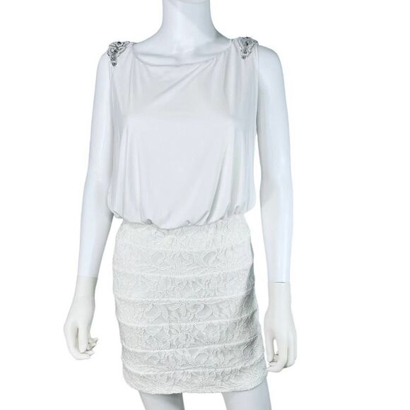 City Studio Blouson Mini Beaded Lace Cocktail Dress White - Picture 1 of 16